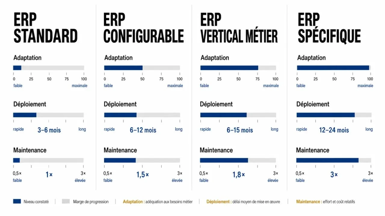 ERP sur mesure : comparaison visuelle entre standard, configurable, vertical métier et spécifique