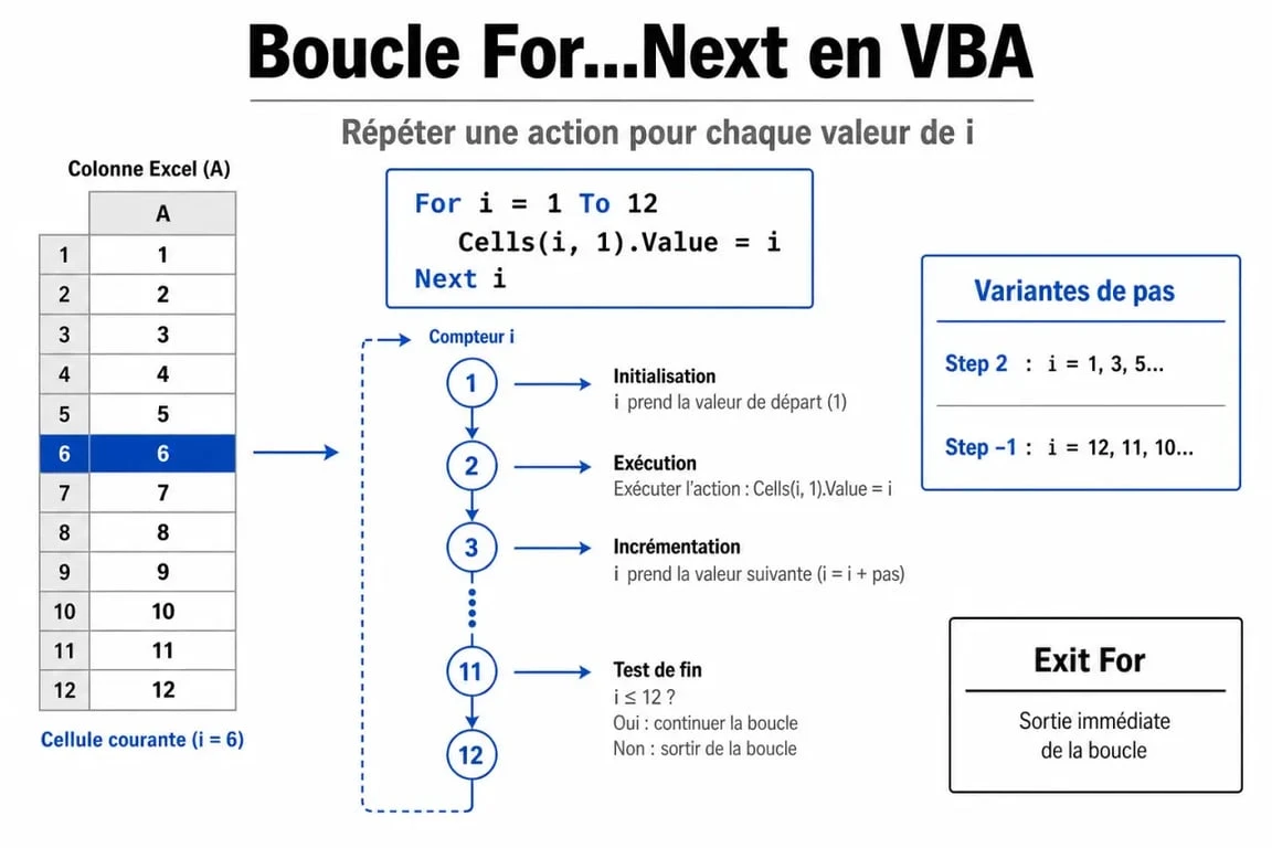 Schéma de la vba boucle for dans Excel montrant le compteur i, les étapes Step et la sortie Exit For