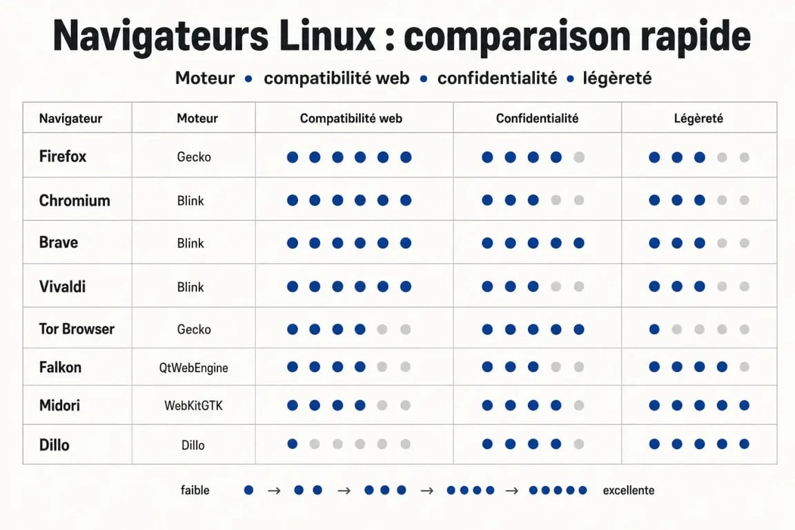 Comparatif visuel des navigateurs Linux pour aider à choisir un navigateur Linux selon la compatibilité, la confidentialité et la légèreté