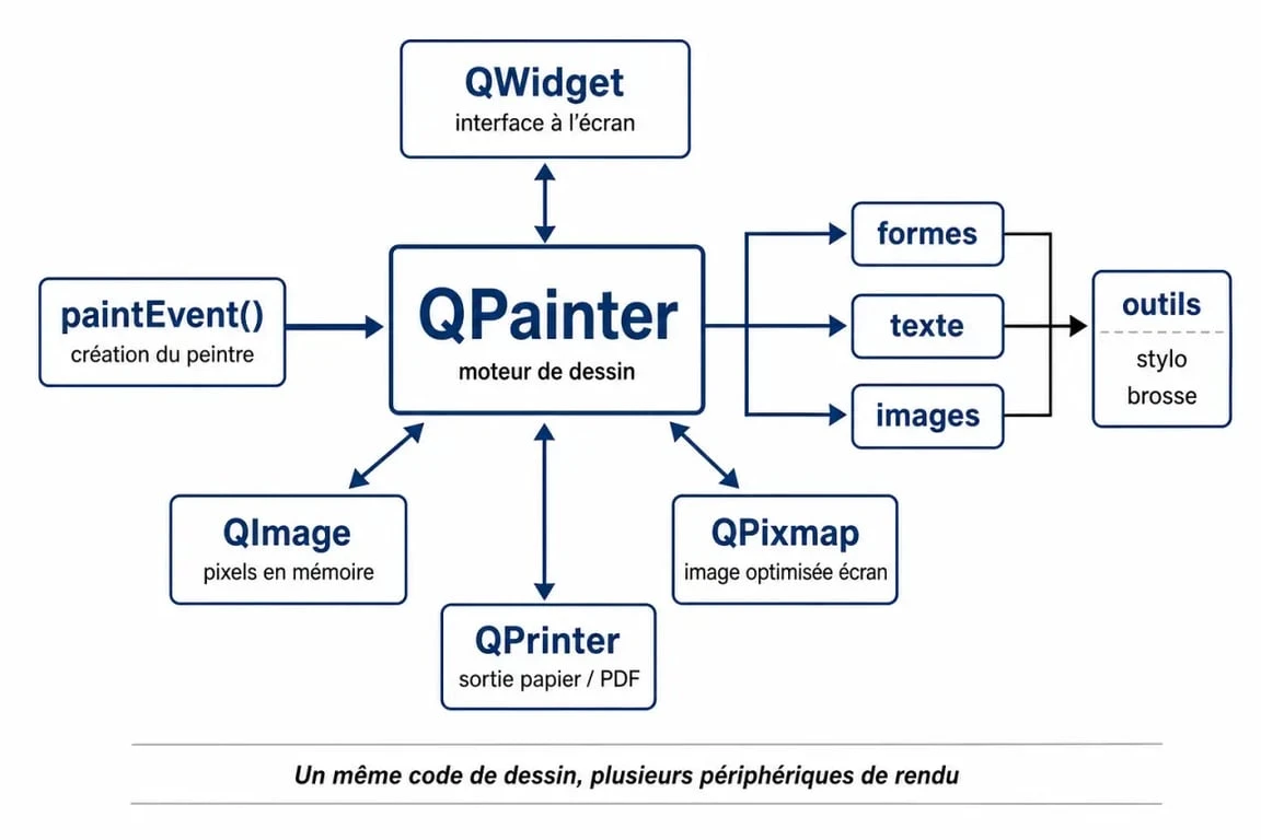 Dessiner avec Qt : schéma du pipeline QPainter sur QWidget, QImage et QPrinter