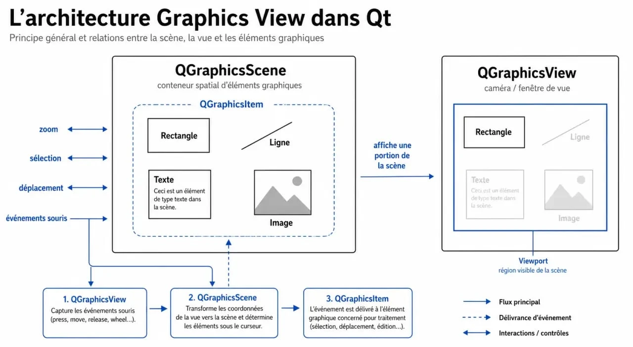 Dessiner avec Qt : schéma de l’architecture Graphics View avec scène, vue et items interactifs