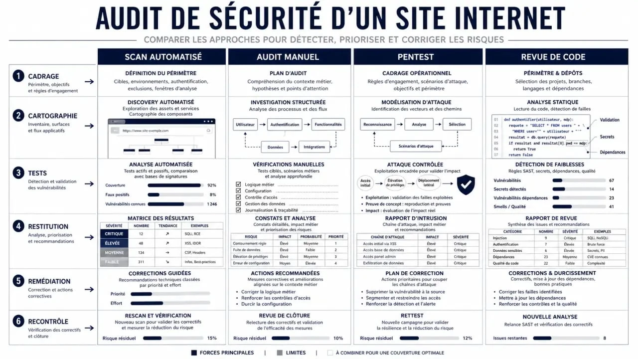 Audit sécurité site internet : comparaison visuelle du scan automatisé, de l’audit manuel, du pentest et de la revue de code