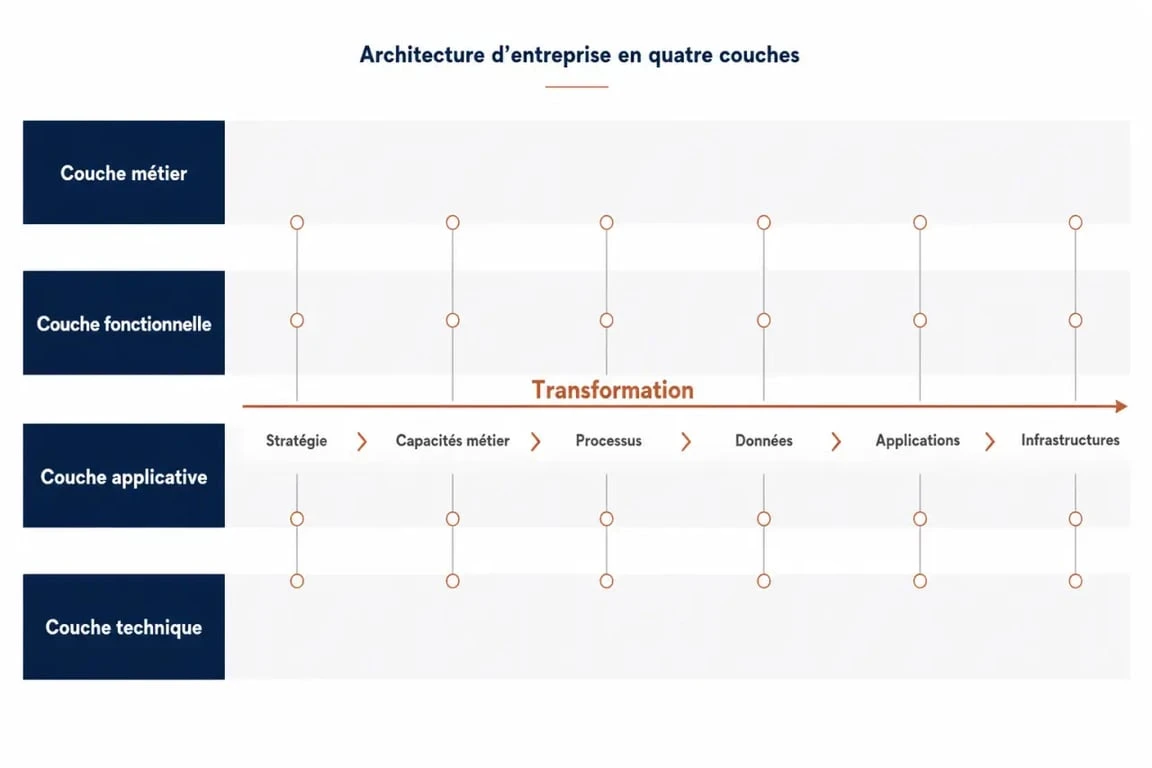 Architecture entreprise : schéma des couches métier, fonctionnelle, applicative et technique