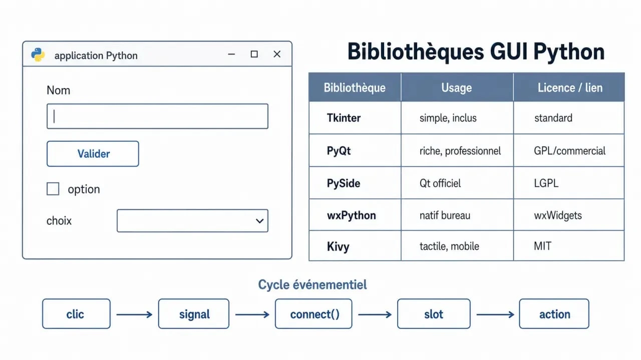 Interface graphique python : comparaison visuelle des bibliothèques Tkinter, PyQt, PySide, wxPython et Kivy