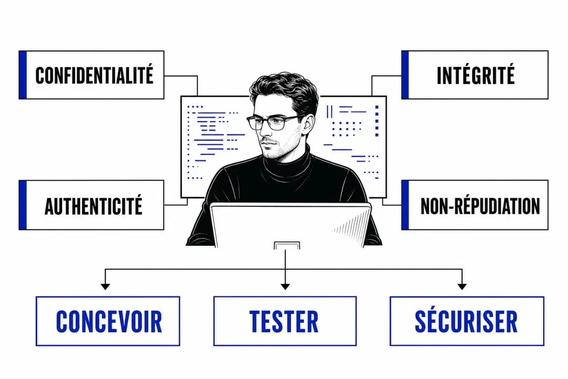 Cryptologue et schéma des quatre piliers de la cryptographie
