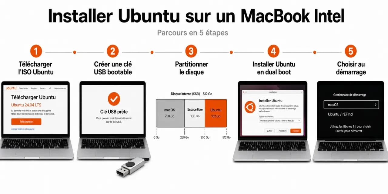 ubuntu on mac : schéma des étapes d’installation sur MacBook Intel, de la clé USB au dual boot