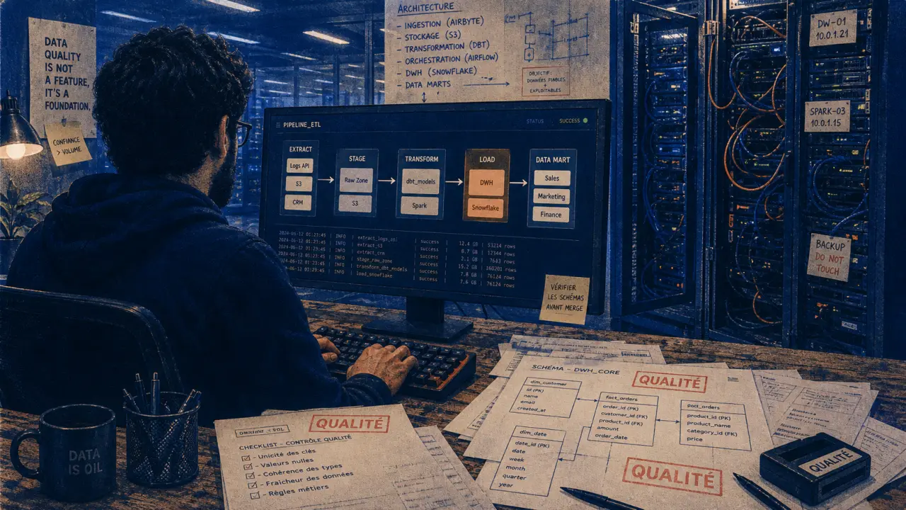 Ingénieur big data observant un pipeline ETL et la qualité des données