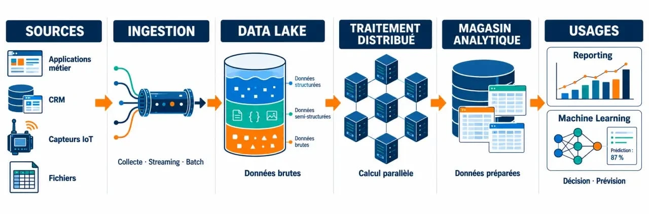 Schéma conceptuel d’une architecture Big Data, des sources aux traitements analytiques
