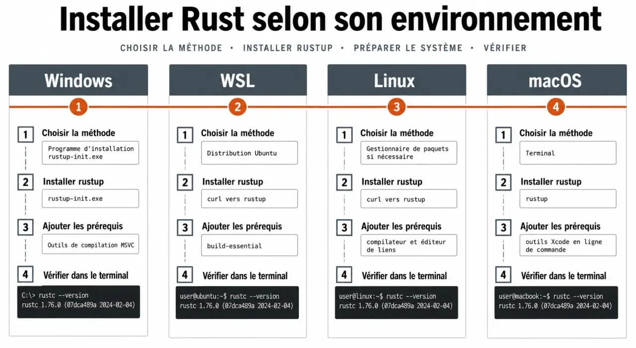 Installer Rust sur Windows, WSL, Linux et macOS avec vérification rustc --version