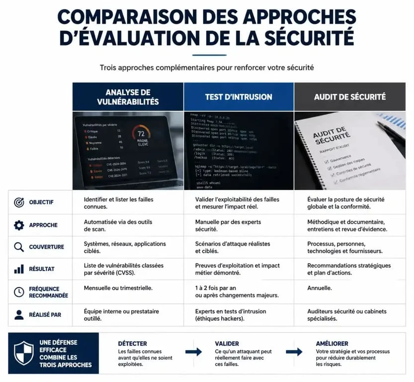 Comparatif des interventions en audit sécurité informatique : analyse de vulnérabilités, test d'intrusion et audit de conformité