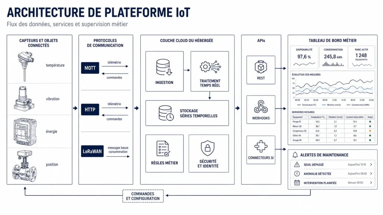 Schéma des plateformes iot reliant capteurs, cloud, APIs et tableaux de bord métiers
