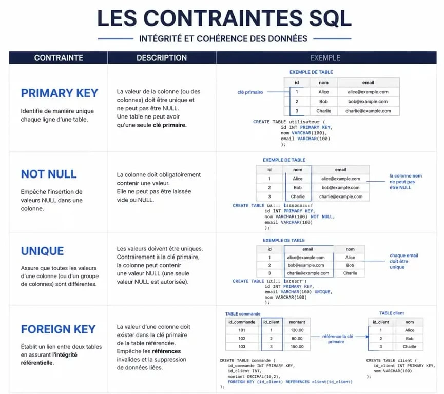 Tableau récapitulatif des contraintes SQL pour CREATE TABLE