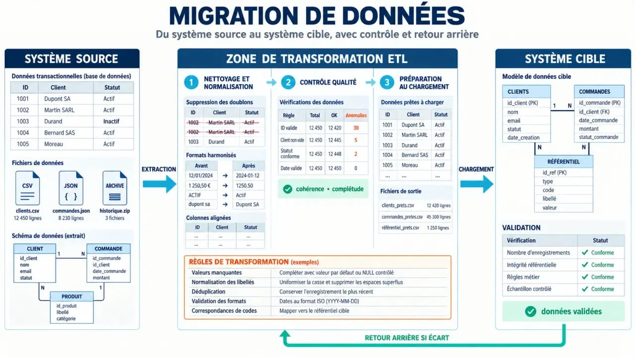 Schéma du processus de migration de données entre un système source, une zone ETL et un système cible