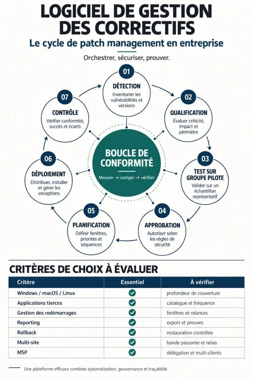 Infographie sur les critères d’un logiciel de gestion des correctifs entreprise et le cycle de déploiement des mises à jour