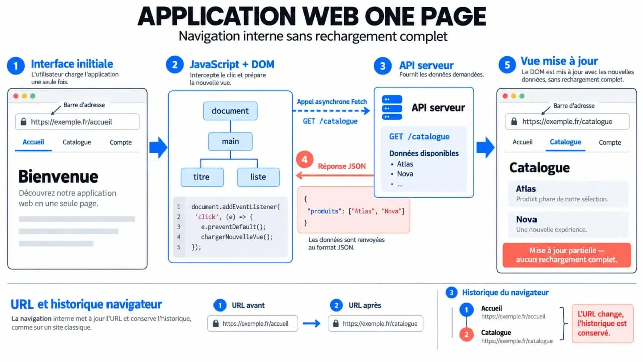 Schéma de fonctionnement d'une one page web application avec JavaScript, API et mise à jour dynamique