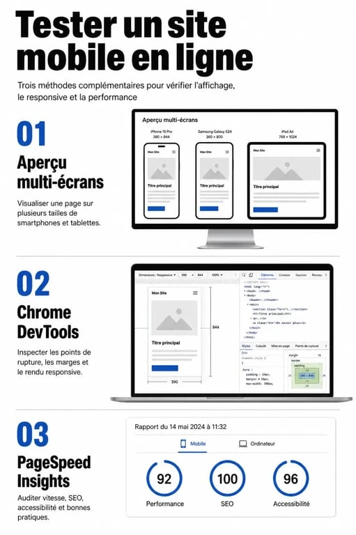 Tester site mobile en ligne : comparaison visuelle des méthodes simulateur, DevTools et PageSpeed Insights