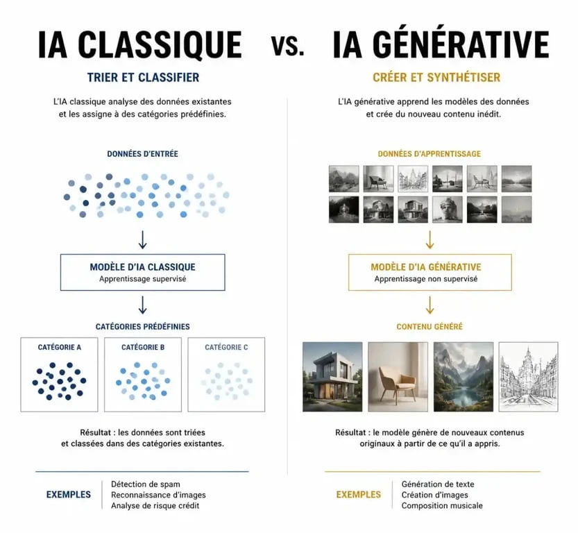 Schéma comparatif illustrant la différence entre IA classique et IA générative pour mieux comprendre leurs rôles respectifs.