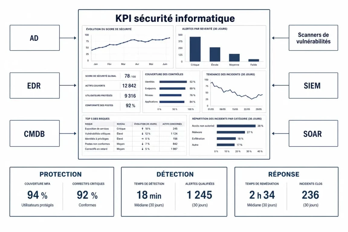 Schéma des kpi sécurité informatique reliant sources de données, indicateurs et décisions