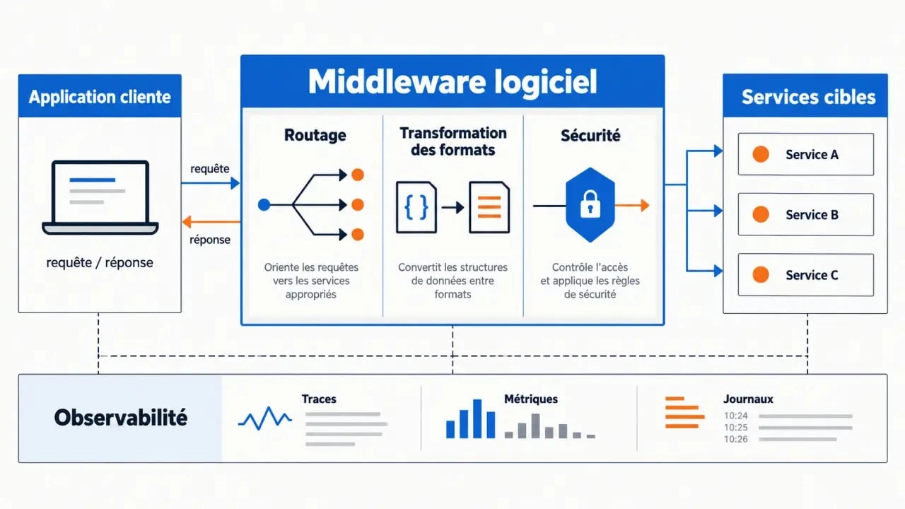 Schéma du software middleware entre une application cliente et plusieurs services avec routage, transformation et sécurité