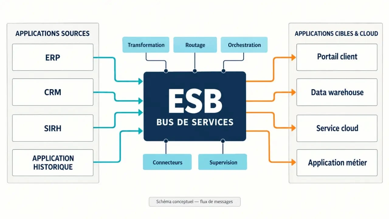 Schéma d’architecture d’un ESB informatique reliant ERP, CRM, SIRH et services cloud