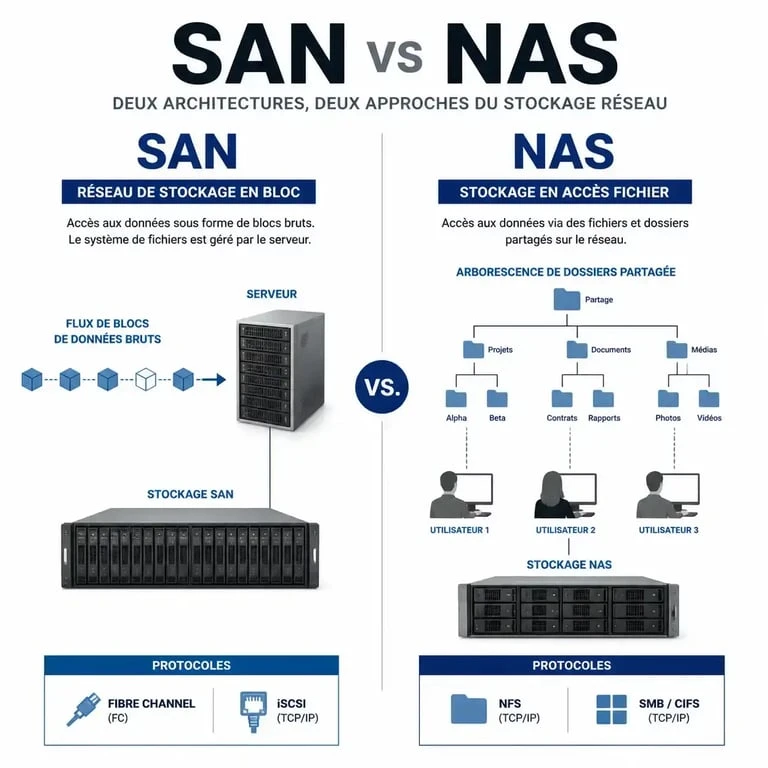 Infographie comparative san vs nas illustrant la différence entre stockage par blocs et stockage par fichiers