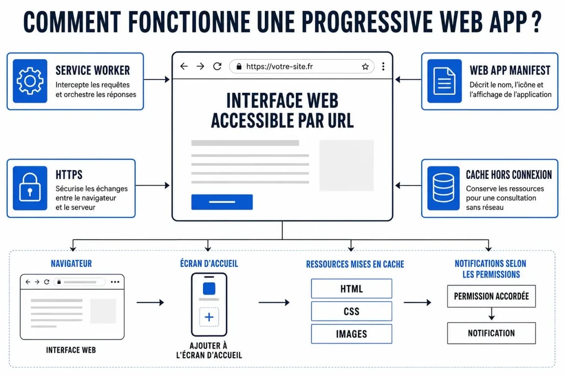 Schéma du fonctionnement d'une progressive web app avec service worker, manifeste web, HTTPS et cache hors connexion