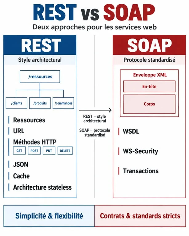 Infographie comparative REST vs SOAP avec HTTP, JSON, XML, WSDL et sécurité
