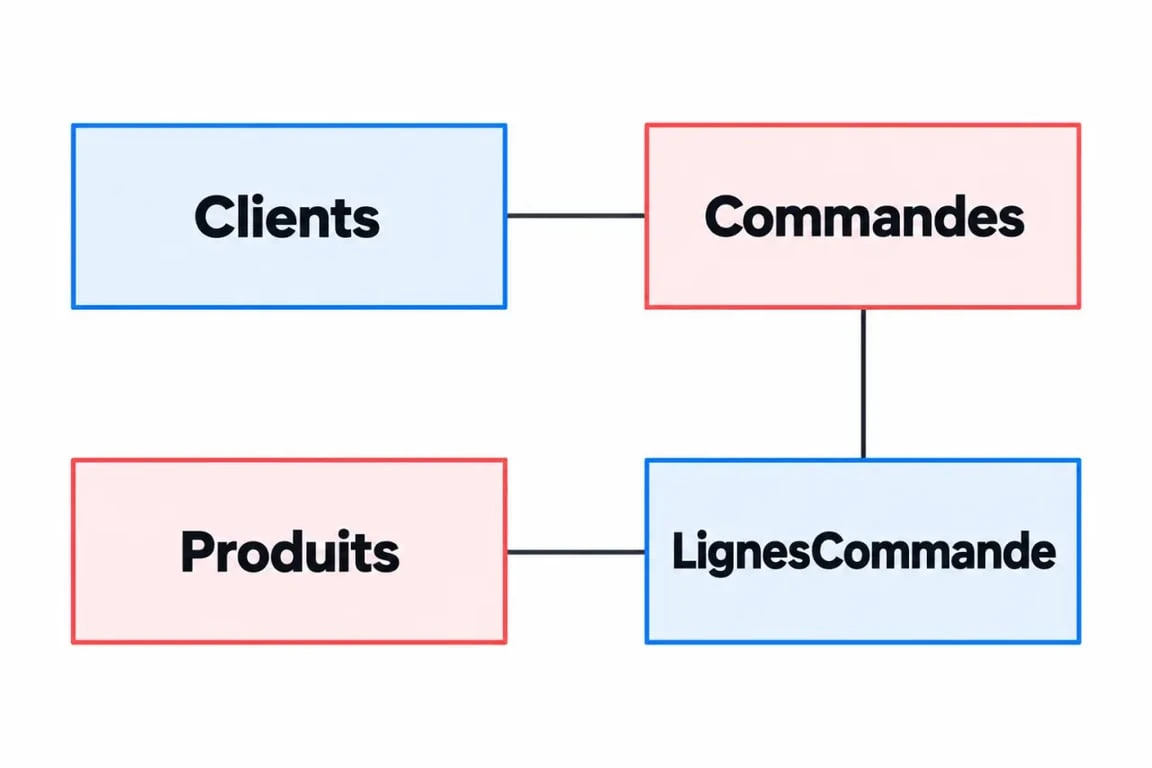 Exemple de base de données relationnelle avec les tables Clients, Commandes, Produits et LignesCommande