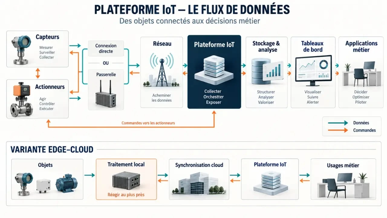 Schéma du fonctionnement d’une plateforme IoT entre capteurs, passerelle, cloud et applications métier
