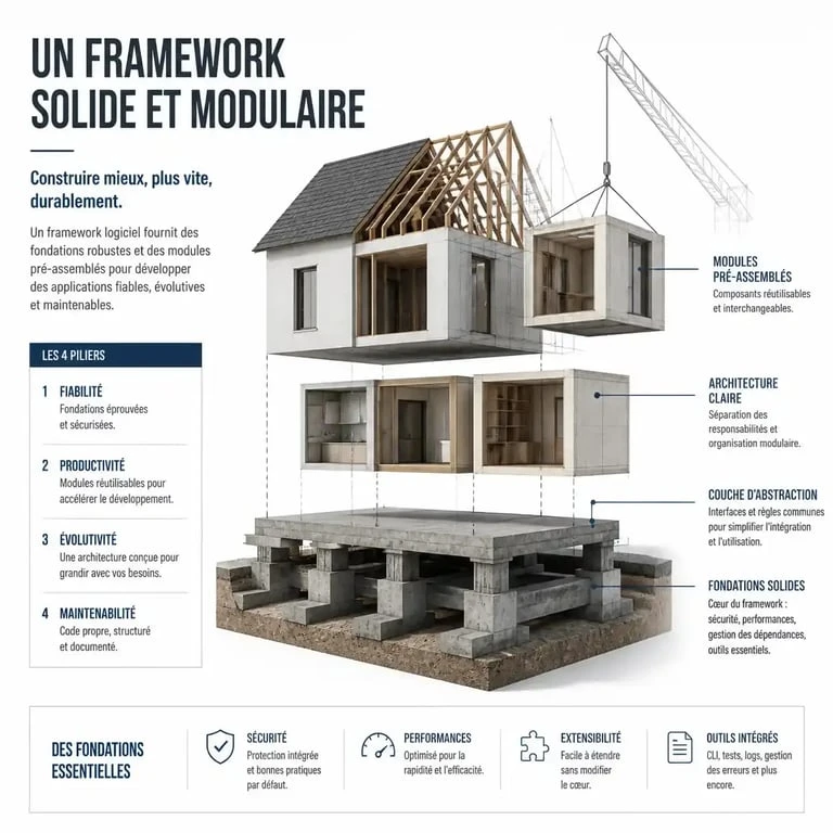 Schéma illustrant le concept de framework comme structure de base pour le développement logiciel