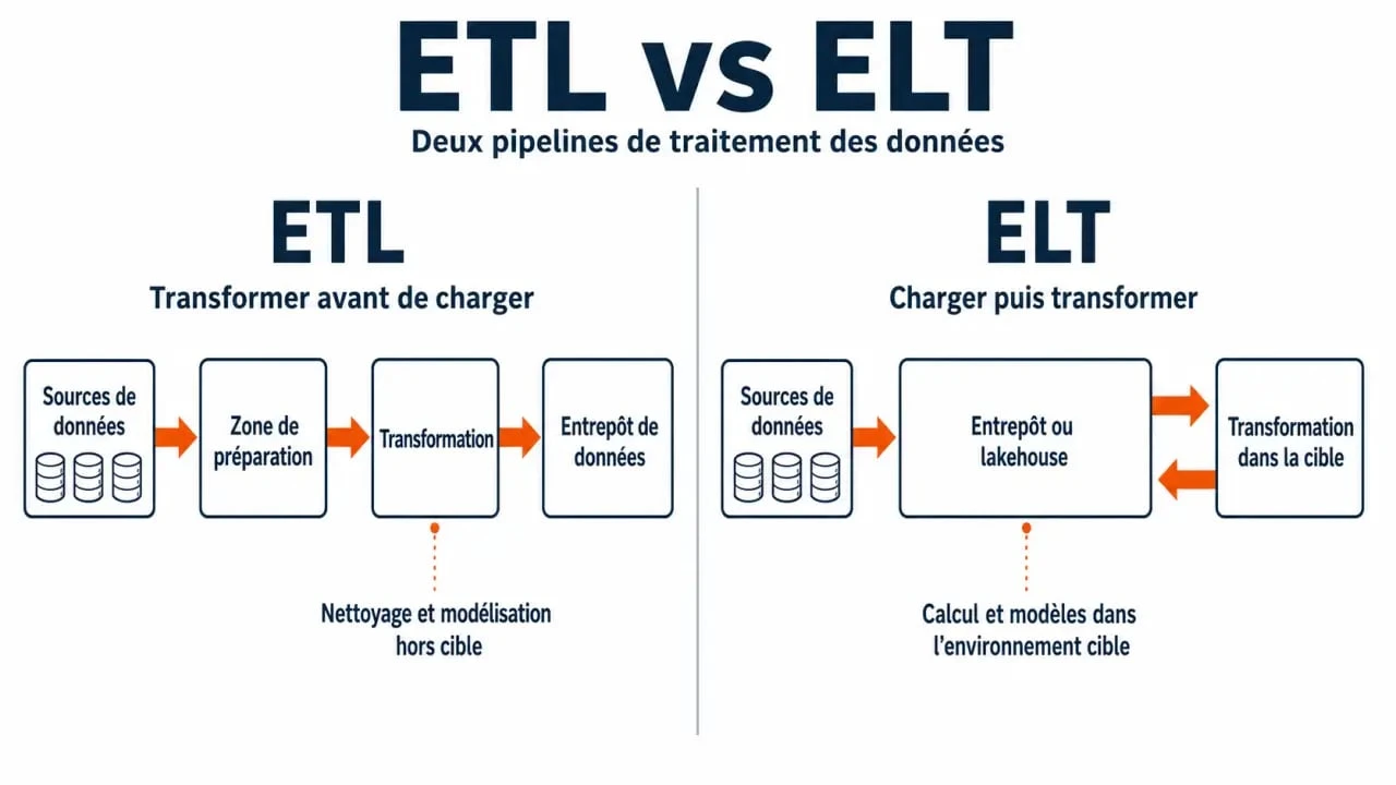Schéma comparatif etl vs elt montrant le flux des données et le moment de transformation