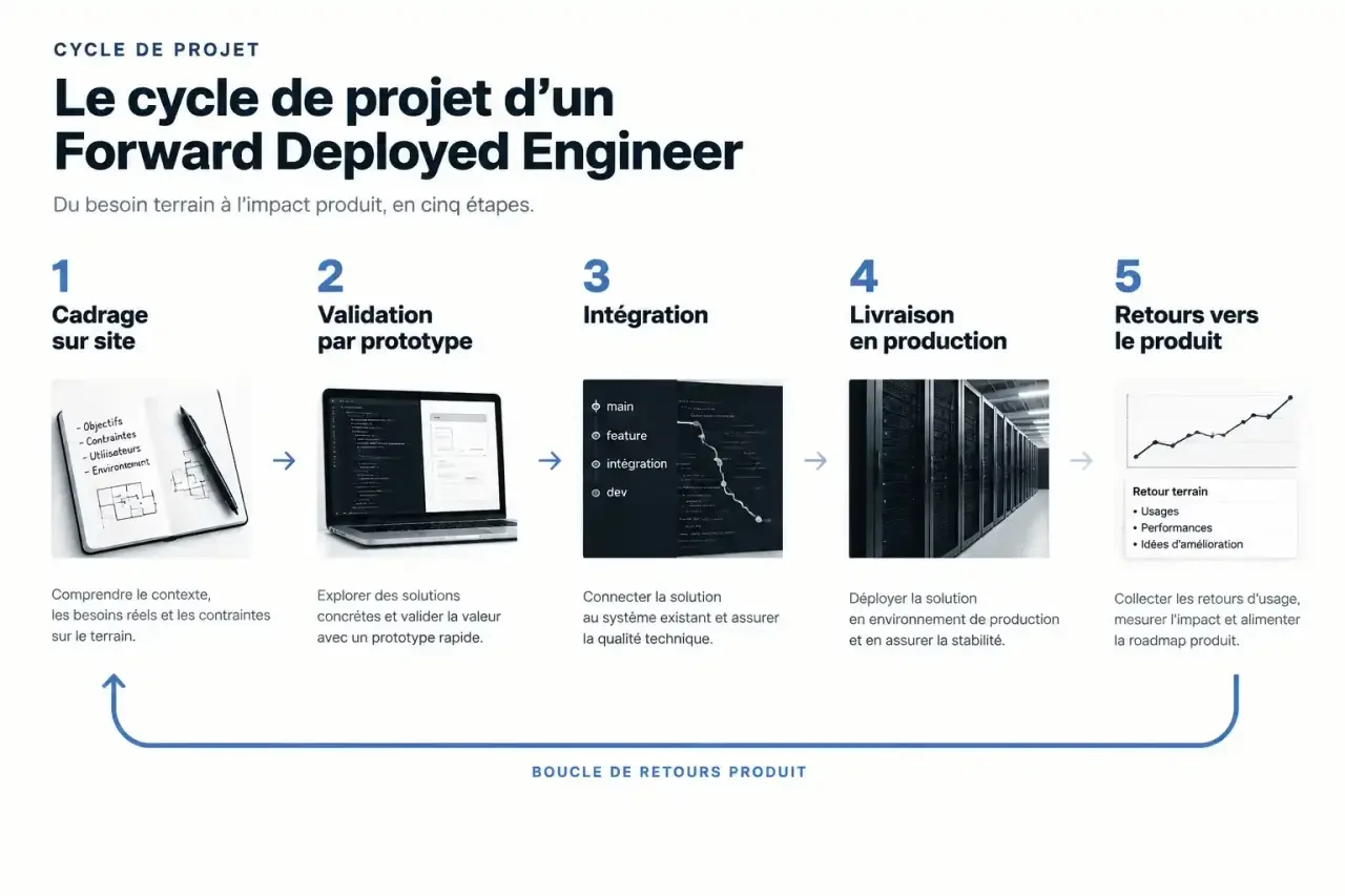 Cycle de projet d'un forward deployed engineer : cadrage, validation, prototypage, livraison et retours produit