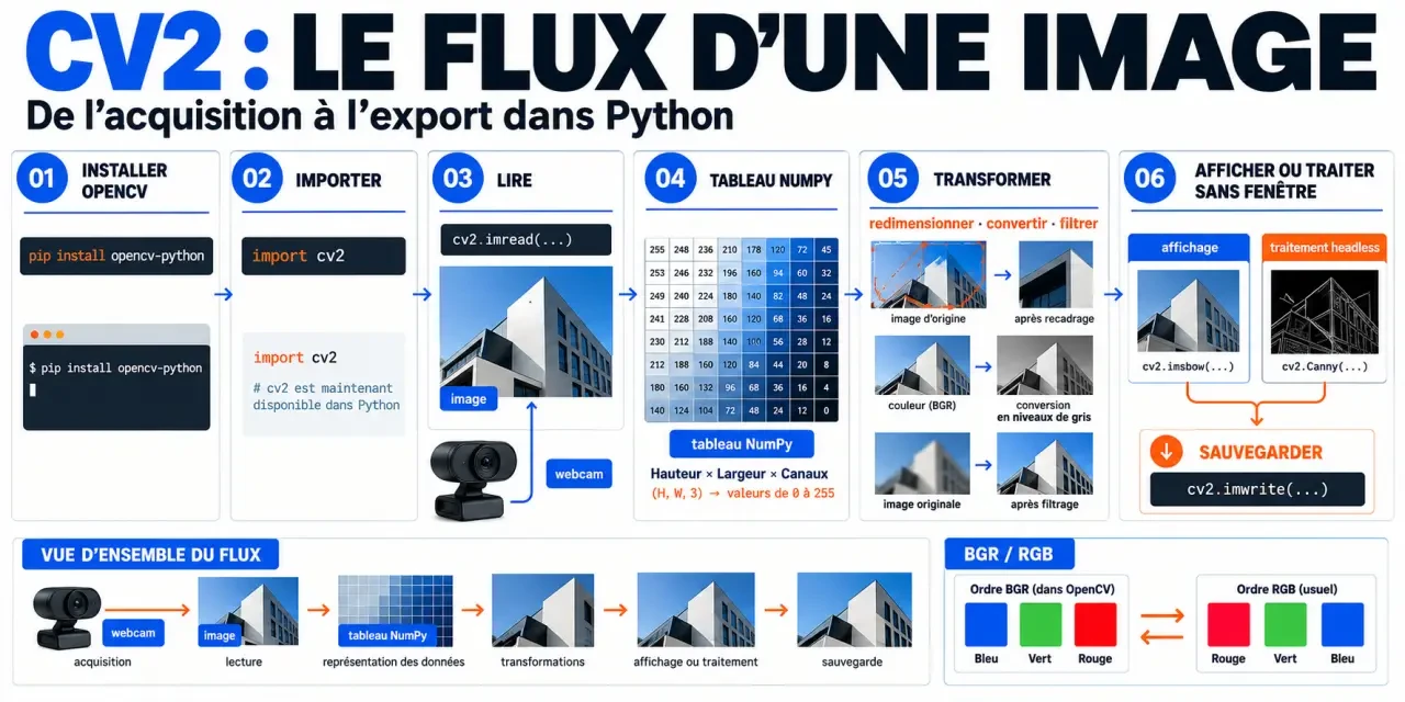 Schéma pédagogique cv2 dans Python, de l’installation au traitement et à la sauvegarde d’une image