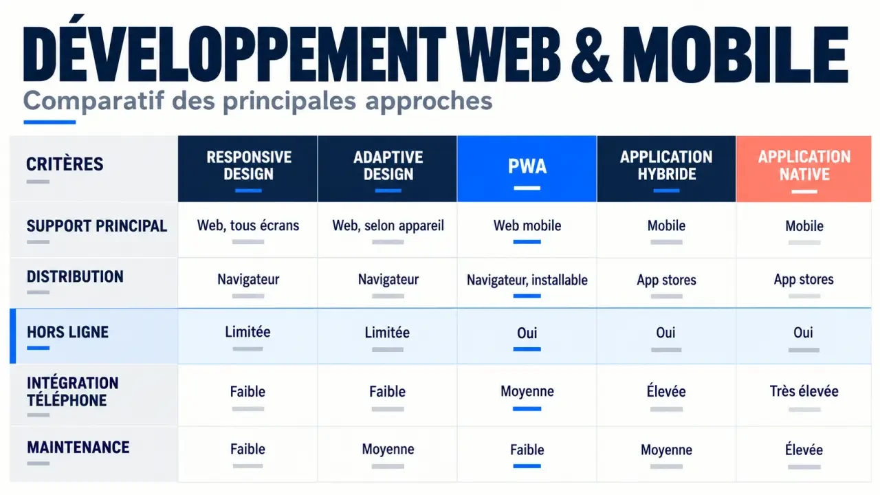 Infographie comparative du développement web et mobile entre responsive, PWA, hybride et natif