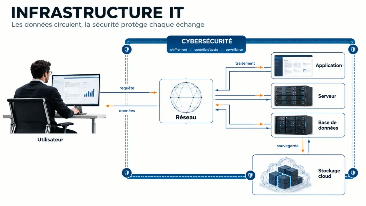 Schéma d’une infrastructure IT informatique reliant utilisateurs, applications, réseaux, données, cloud et sécurité