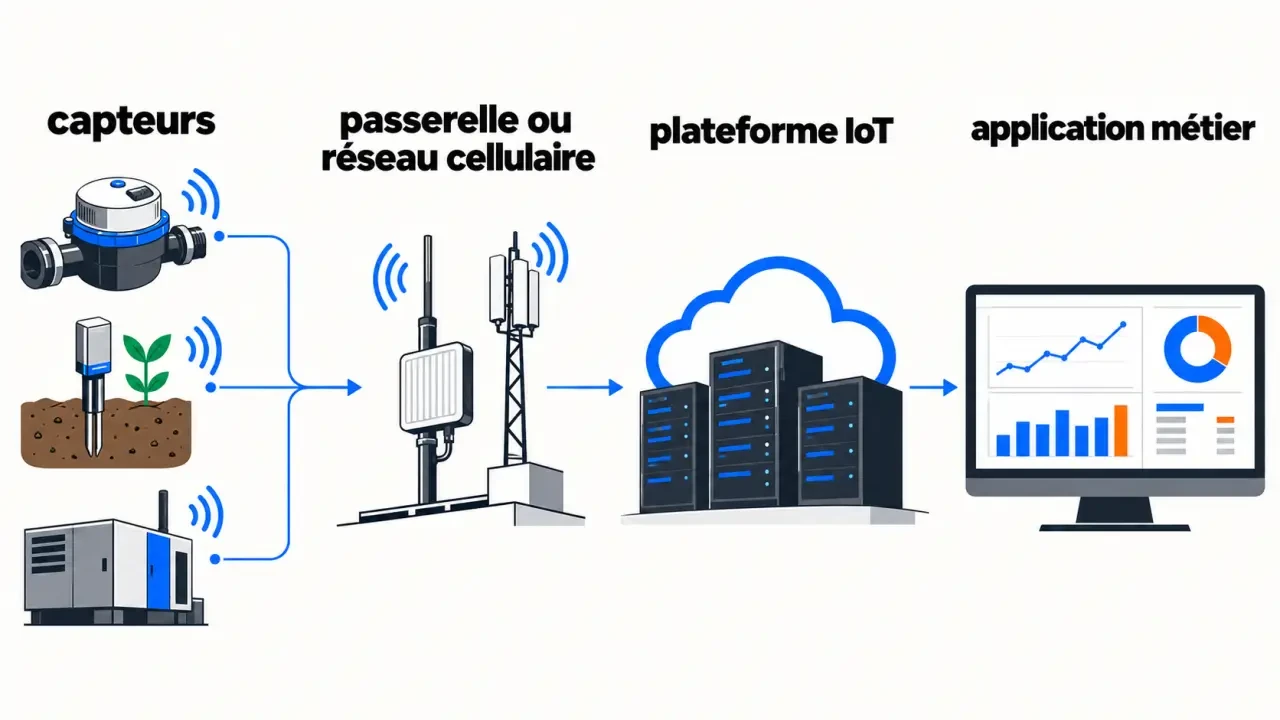 Schéma du fonctionnement d’un réseau LPWAN entre capteurs, passerelle, plateforme IoT et application métier