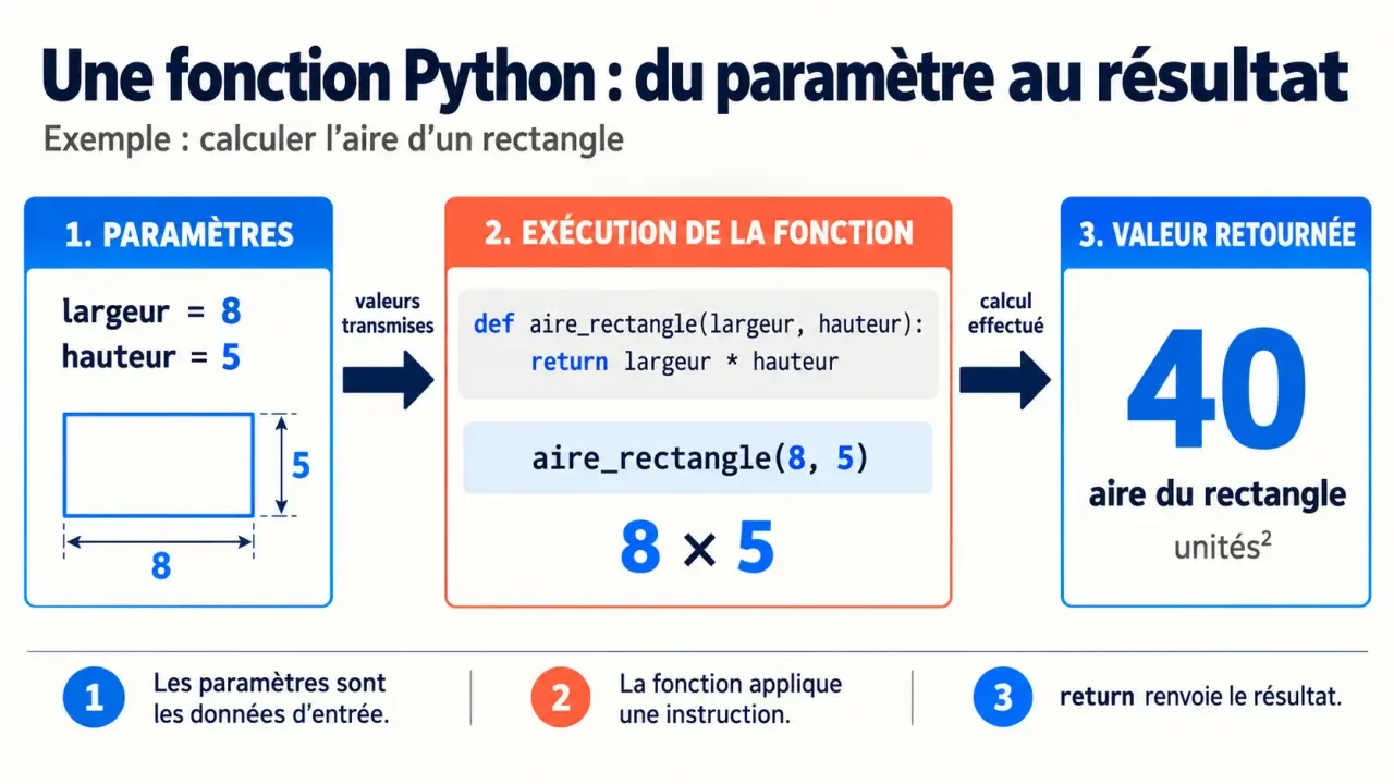 Schéma du fonctionnement des fonctions Python avec paramètres, exécution et valeur retournée